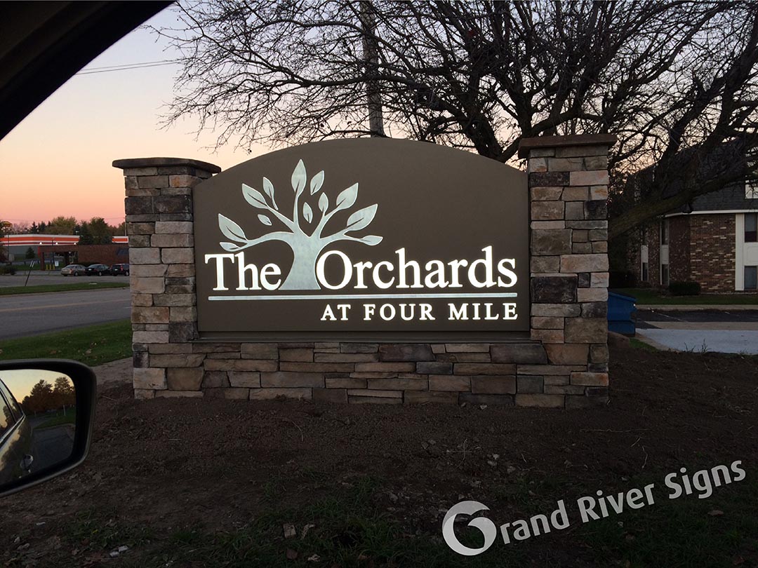 Custom Stone LED Monument Sign – The Orchards Apartments – Grand Rapids MI